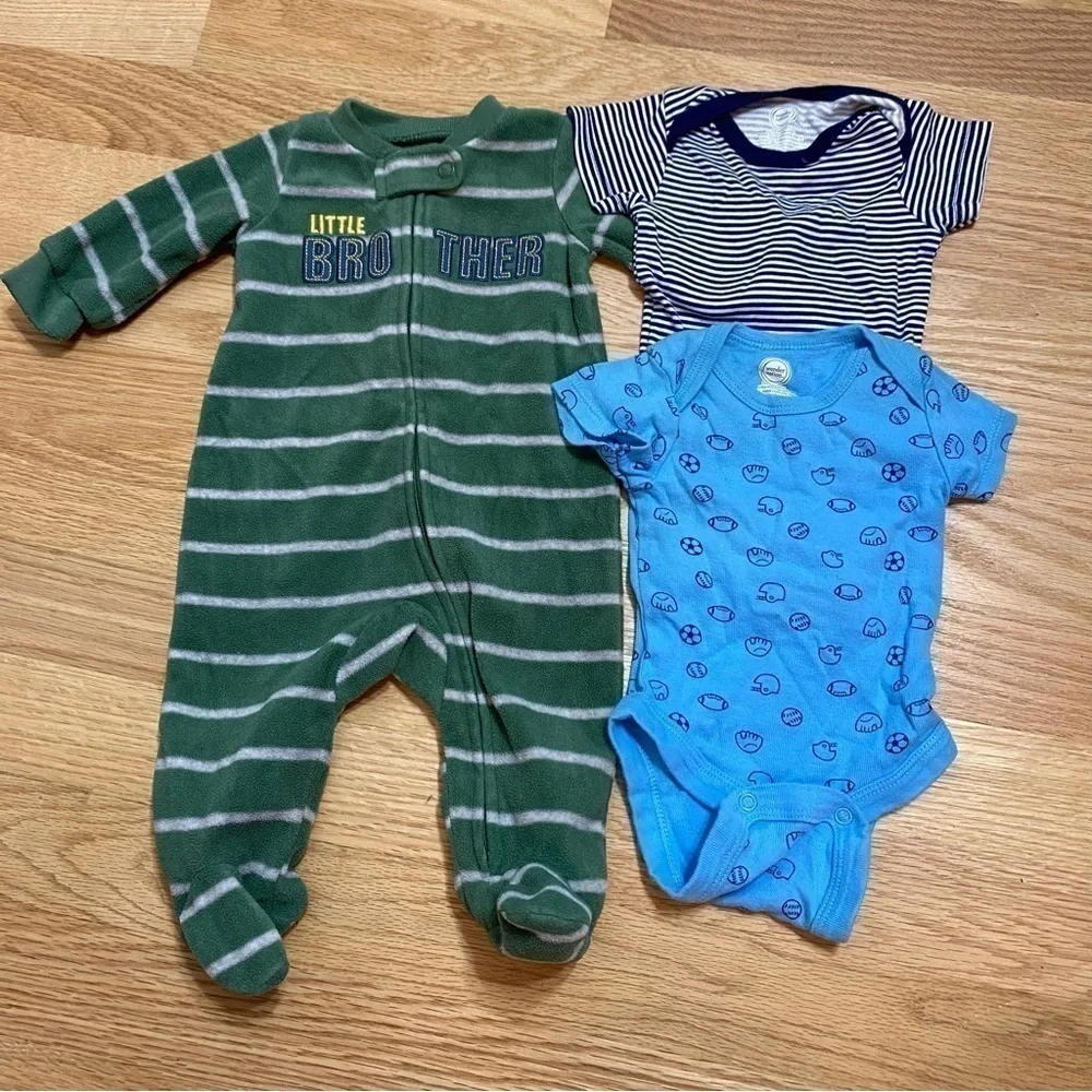 Newborn Boys Onesie Footed Pajama Bundle Little Brother Green Sports Blue